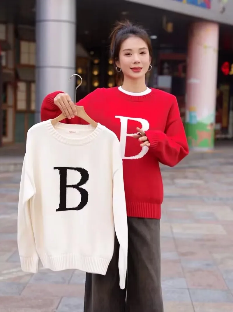 

Thiened вязаный свитер из чистого хлопка Long Sve B Letter весна-осень свободный крой женский свитер теплый пушистый хлопковый трикотаж