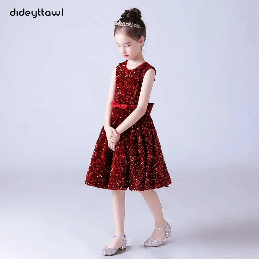 Dideyttawl vestido de desfile de fiesta de cumpleaños de flores para niñas, vestidos de lentejuelas de dama de honor de boda con lazo, hasta la rodilla, princesa