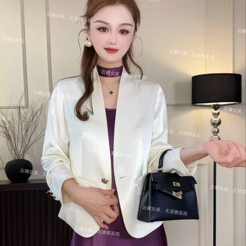 

[Real Pocket Suit | Double-sided Satin] Sichuan Back Waist Blazer Versatile Short Nine-Sleeve Top