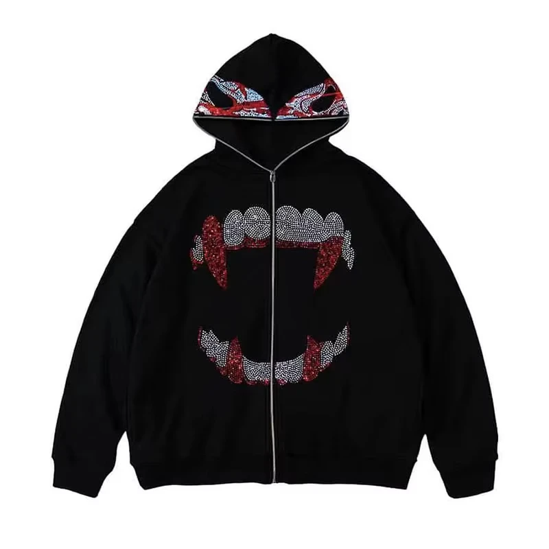 

Full Zipper Hoodies Women Diamond Skeleton Punk Gothic Long Sleeve Hood Shirt Autumn Winter Halloween Sweatshirt Coat Jackets