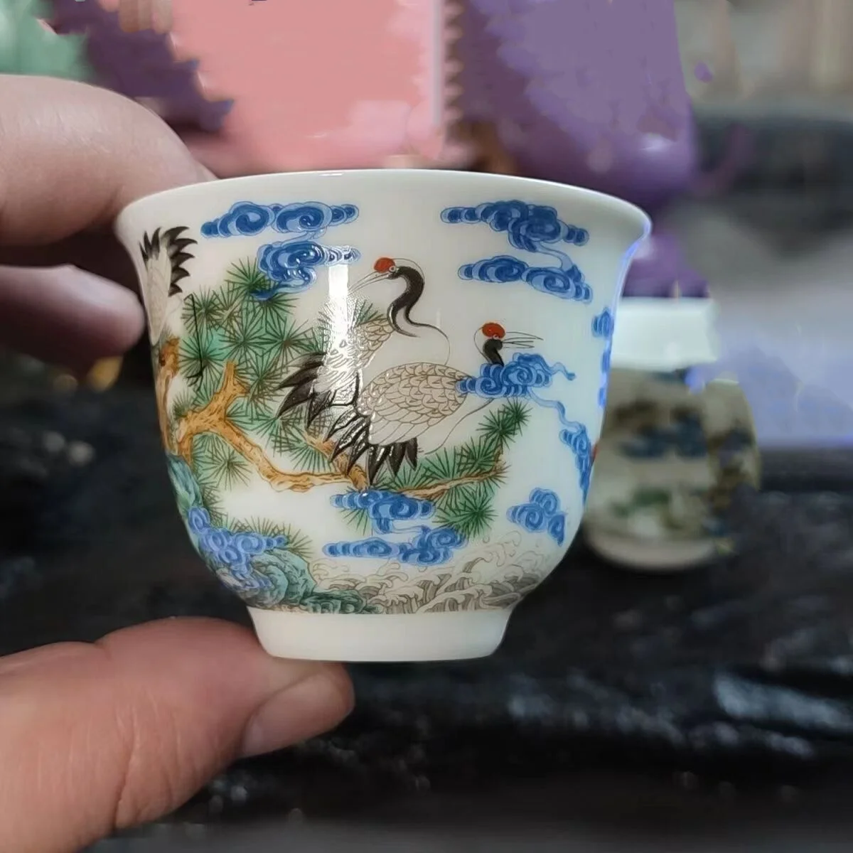 chinese jingdezhen porcelain enamel color tea cup :crane