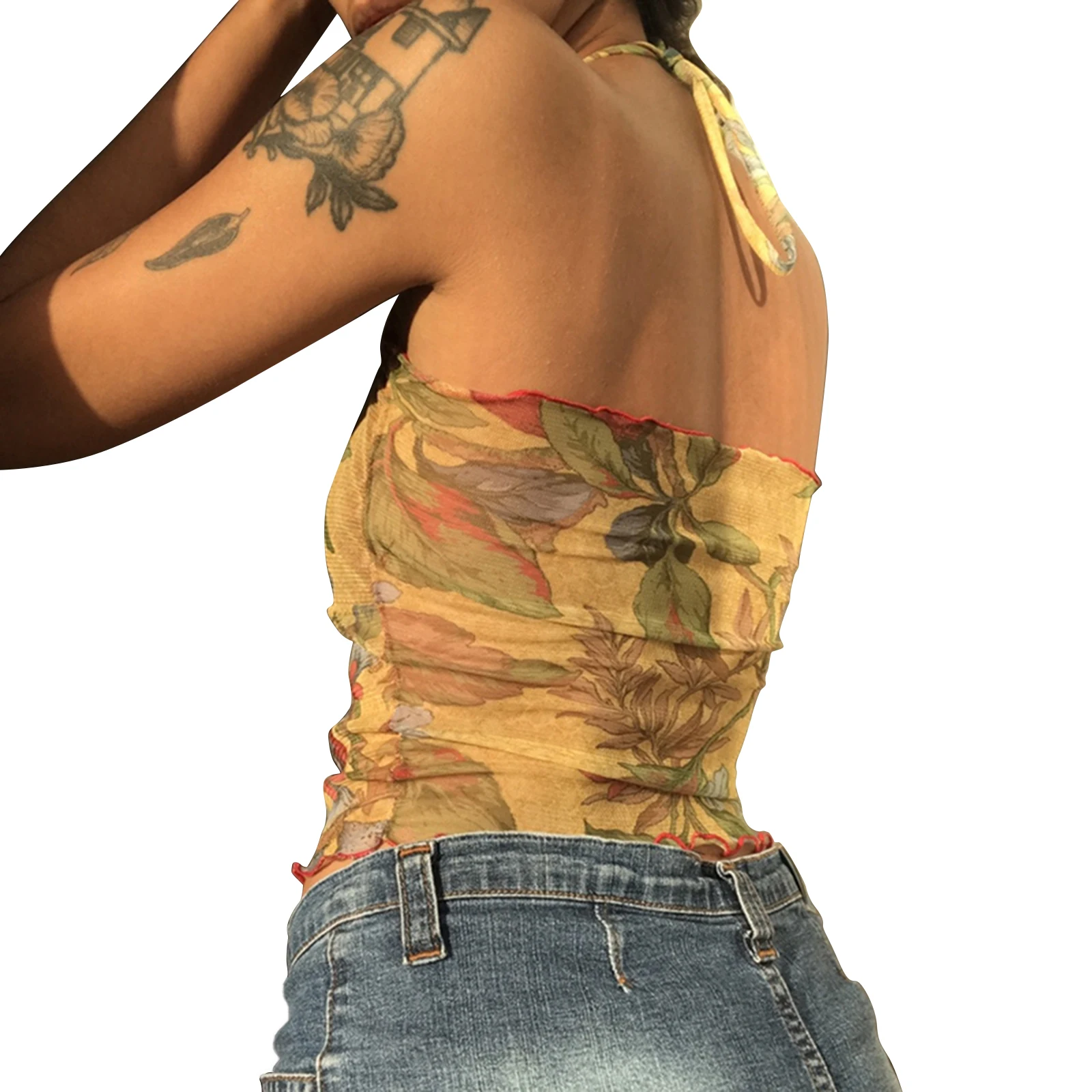 Ladies Aesthetic Summer Sexy Midriff-baring Camisole, Floral Printing Stringy Selvedge Hem Hanging Neck Sleeveless Mesh Tops