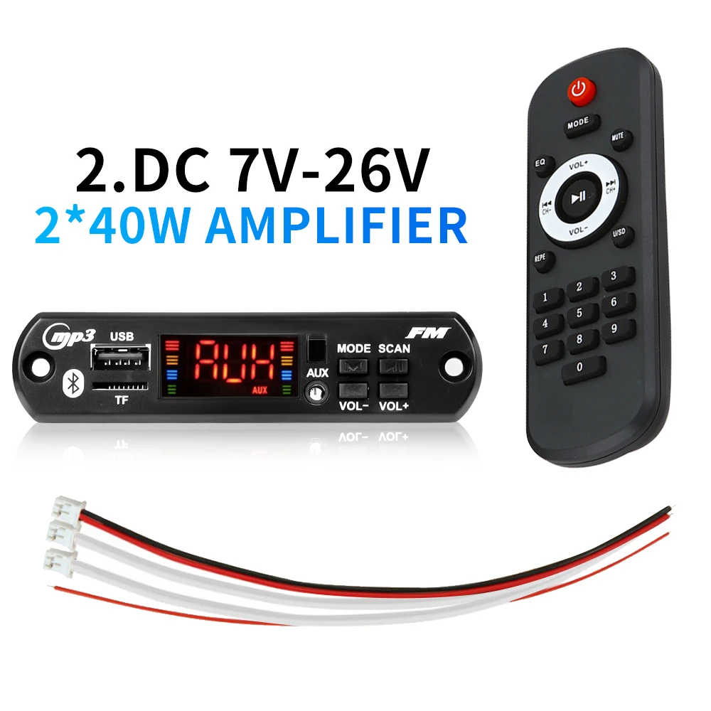 80W Amplifier MP3 Decoder board 2x40W Bluetooth 5.0 Wireless Handsfree Call Recording Car Interior Music Subwoofer Speakers