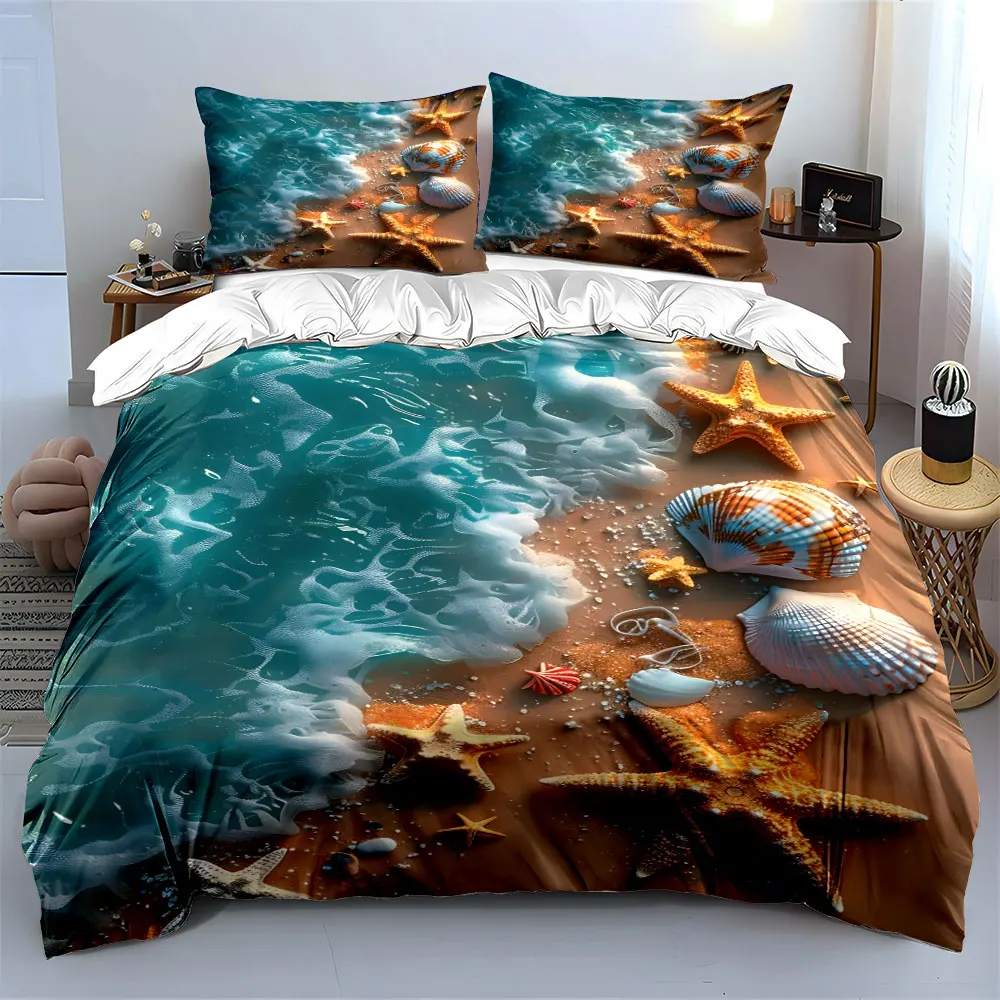 Waves and seashells on the beach Print Bedding set 3PC 1 duvet cover 2 pillowcases adult and children bedding set Luxury
