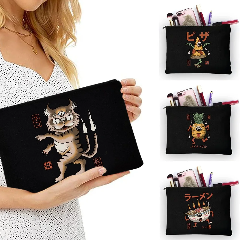 Elegant Women Canvas Clutch  Cute Monster Print Practical Storage Bag for Makeup Supplies Gadgets Daily Life and Travel Moments