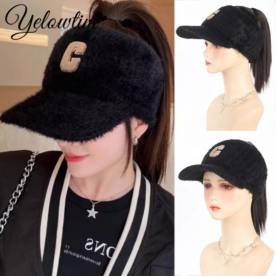 Hat Wig One-piece Plush Hollow Top Knitted Straight Hair Fashionable High Ponytail Wig Hat Winter Baseball Cap