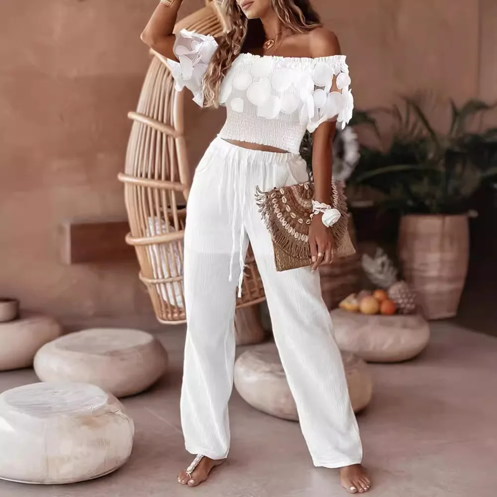 

Женский комплект из 2 предметов, кружевная футболка без бретелек с вырезом лодочкой и коротким рукавом и брюки до щиколотки с высокой талией, однотонный летний комплект одежды