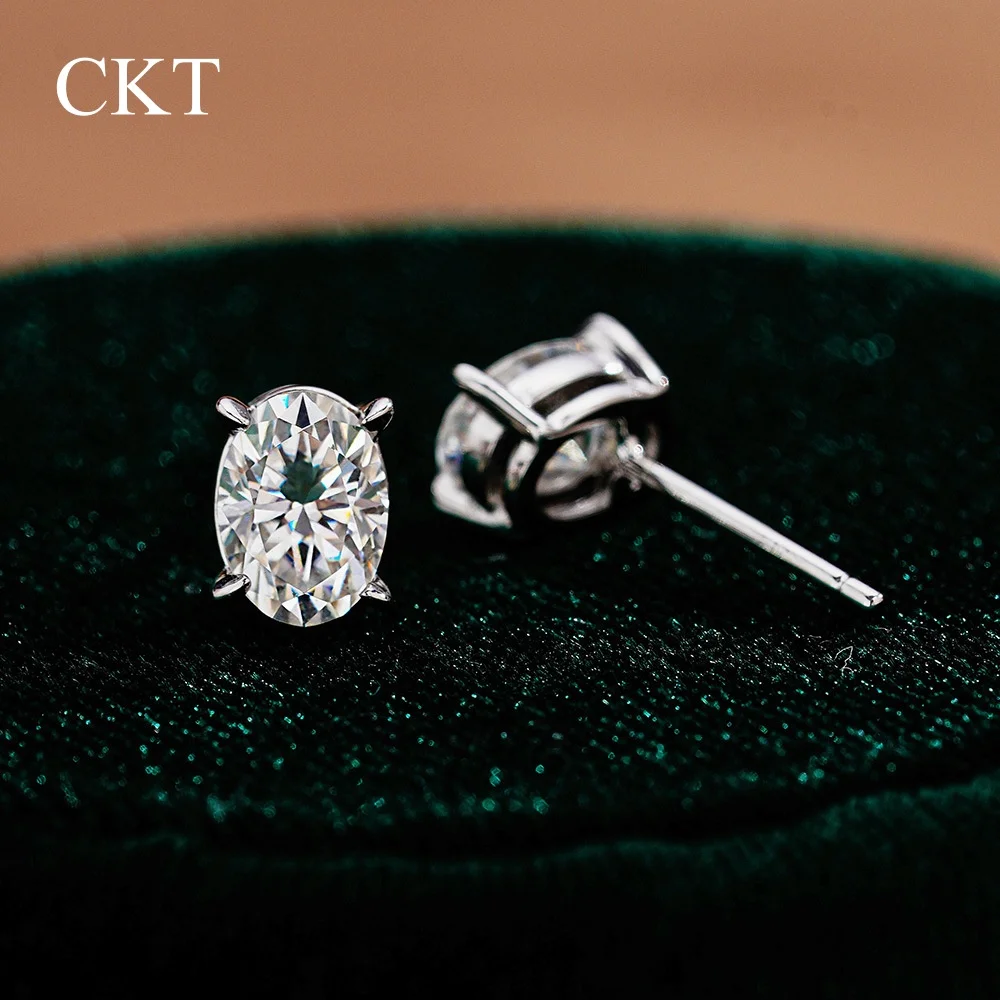 CKT 18k White Gold Stud Earrings for Women Four-claw Simple Wedding 1ct Moissanite Egg-shaped Diamond Fine Jewelry