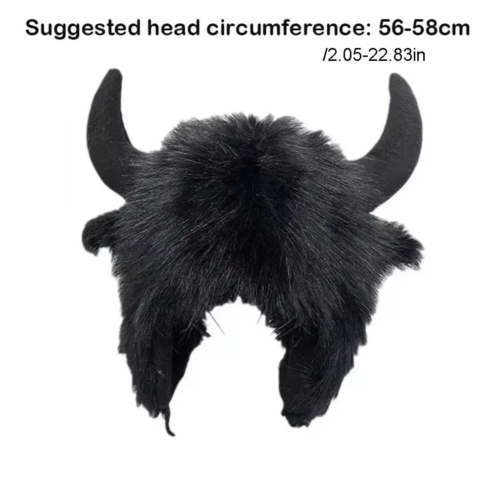 Furry Solid Color Ox Horn Hat Fur Trim Thickened Lei Feng Cap Thermal Fluffy Winter Pullover Cap Riding 5