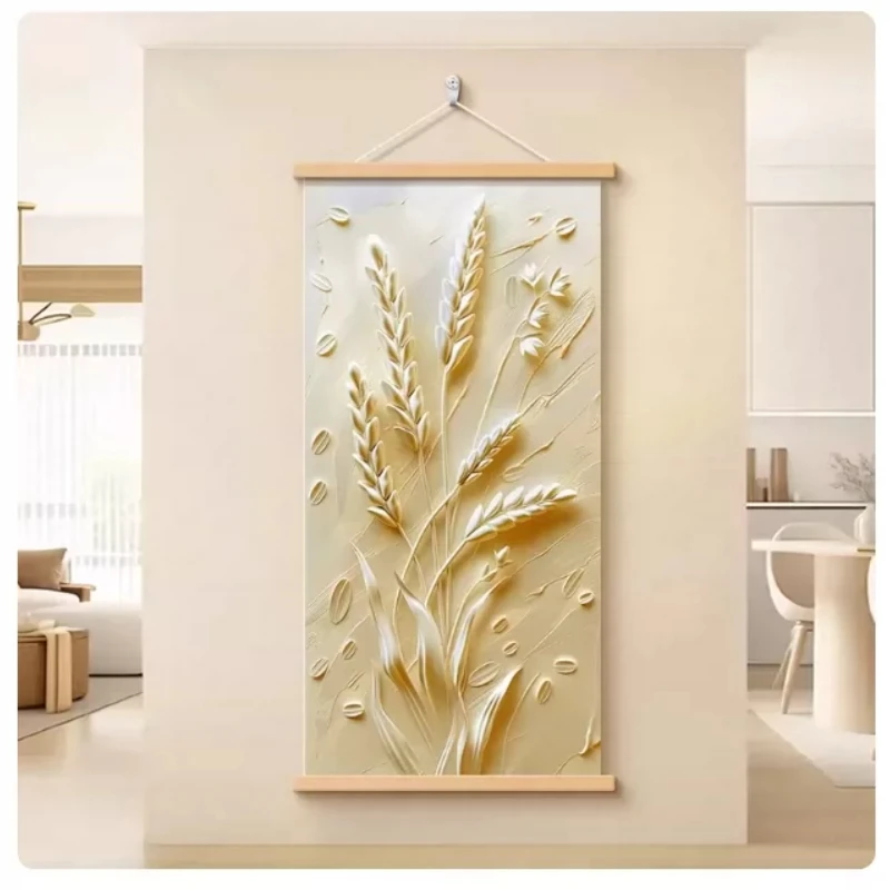 Wall Art Golden Wheat Stalks and Pale Meadow Modern Minimalist Pearlescent Canvas Hanging Scroll with Wooden Rods for Entryway
