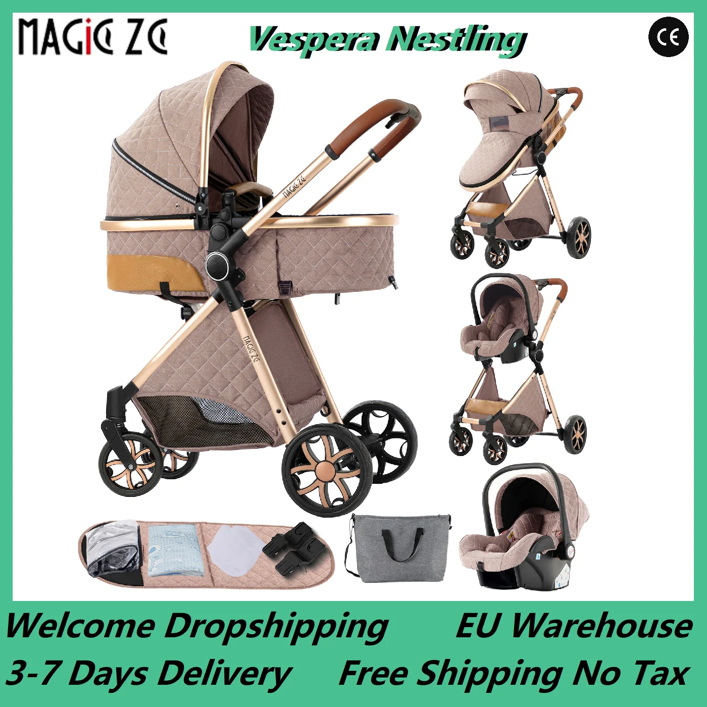 Image of Carrozzine per bambini 3 in 1 Passeggino Sistema da viaggio Carrelli per neonati Passeggino Seggiolino auto Passeggino Paesaggio alto Leggero cod004