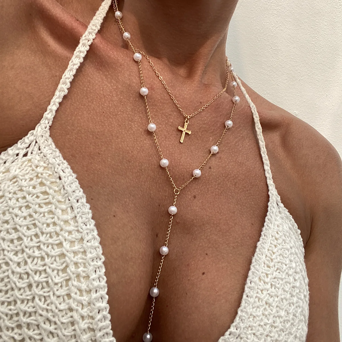 

Bikini Sexy Long Tassel Cross Pendant Necklace for Women Exquisite Multiple Layers Imitation Pearl Clavicle Chain Charm Jewelry