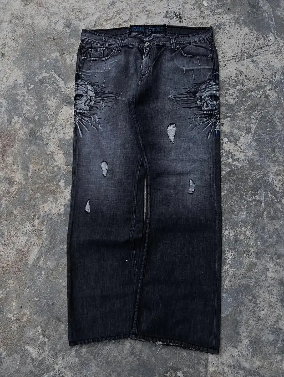 

Affliction Vintage Skull Printing Baggy Jeans Men High Street Hole Y2K New Hip Hop Fashion Casual Joker Couple Wide-leg Pants