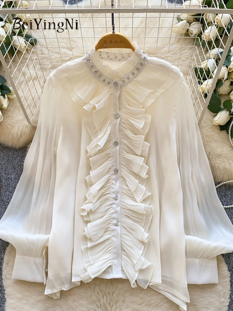 

Элегантные женские блузки Beiyingni весна-лето 2026: французский стиль, инкрустация стразами, для офиса и повседневной носки, в стиле K-pop, шикарные и милые топы