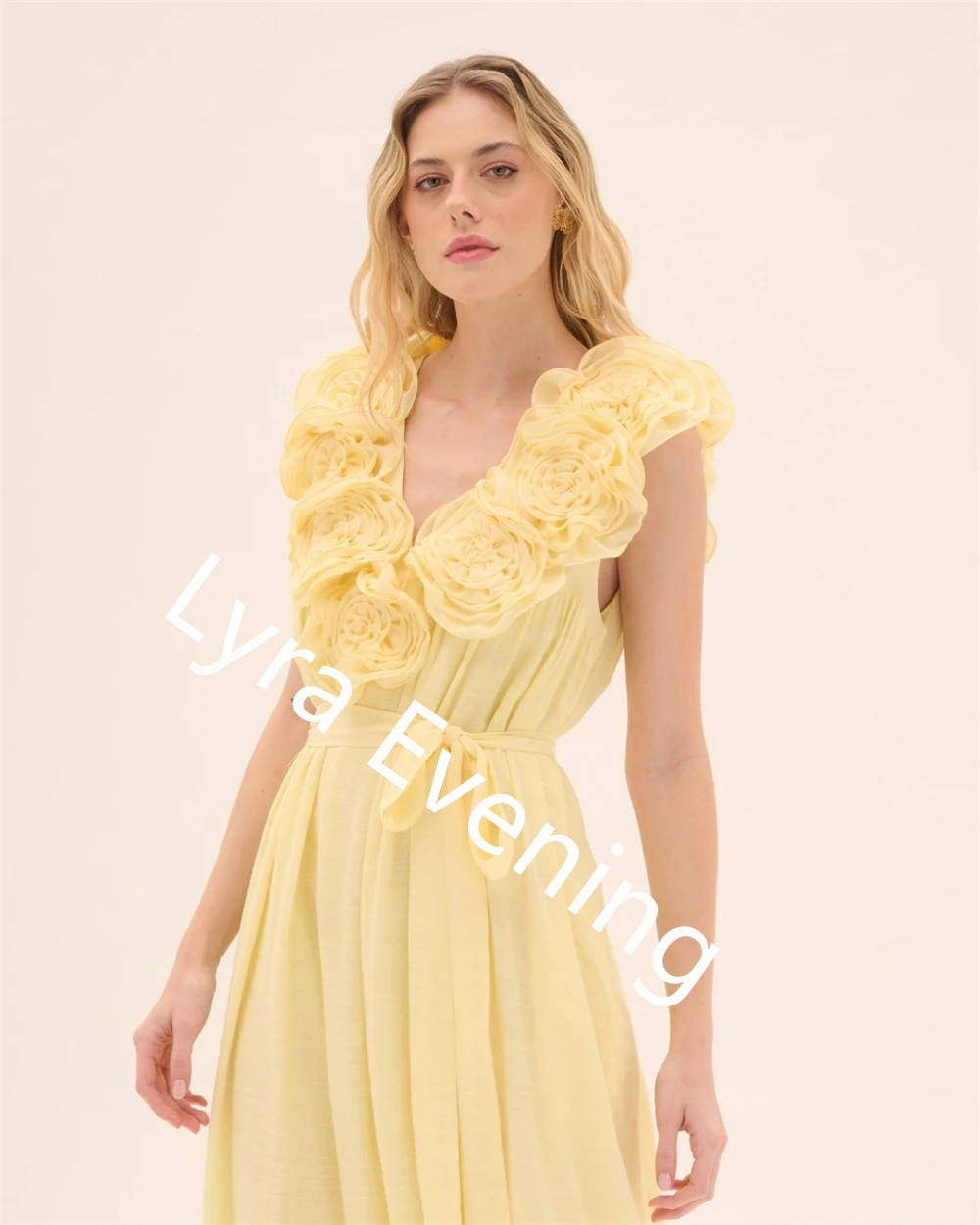 Vestido de noite de chiffon amarelo temperamento personalizado com decote em v sem mangas vestido de baile flores requintado