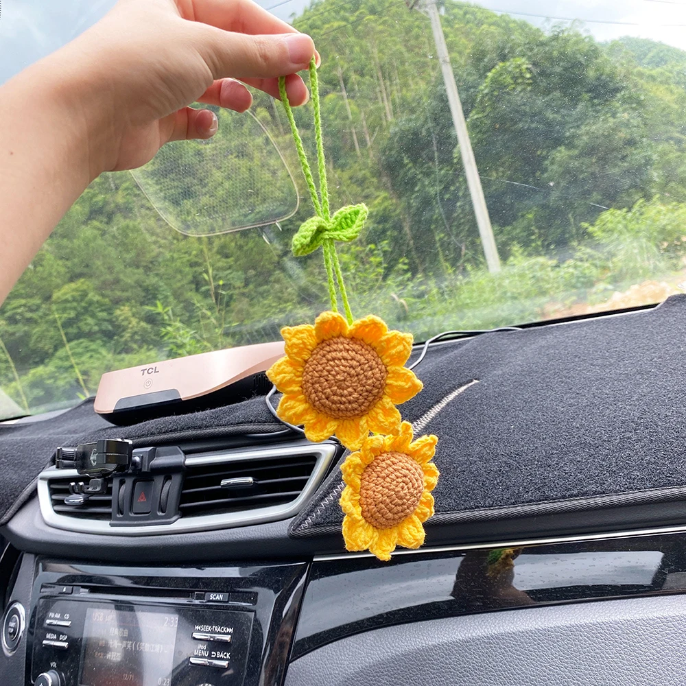 2 Pcs Sunflower Accessories For Women Car Mirror Hanging Teens Interior Rear View Mirror Flower Decor Charm