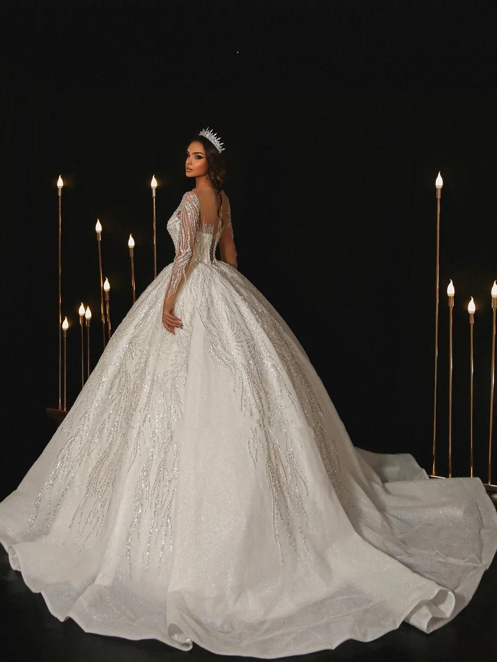 Customized Luxury Pearls Lace Princess Wediing Dresses Full Sleeves Shiny Beading Bridal Gowns For Women Vestidos De Novia