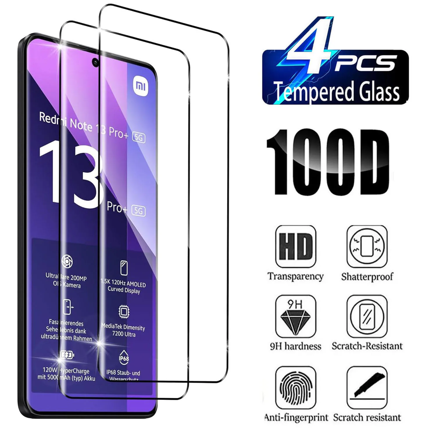 

2/4Pcs Curved Four-Sided Glue Tempered Glass for Redmi Note 13 pro 5G - Screen Protector with Adhesive for Enhanced Protection