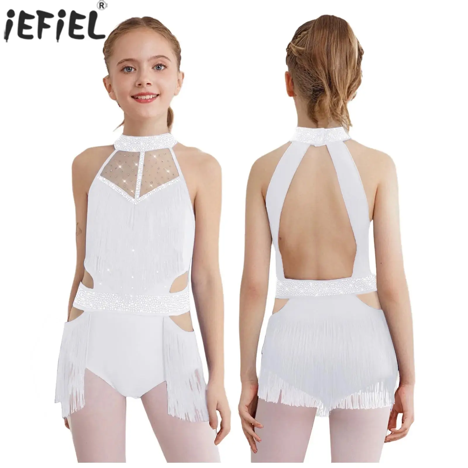 

Kids Girls Tassels Ballet Dance Leotard Shiny Rhinestones Sleeveless Bodysuit Gymnastics Figure Skating Tango Latin Dancewear