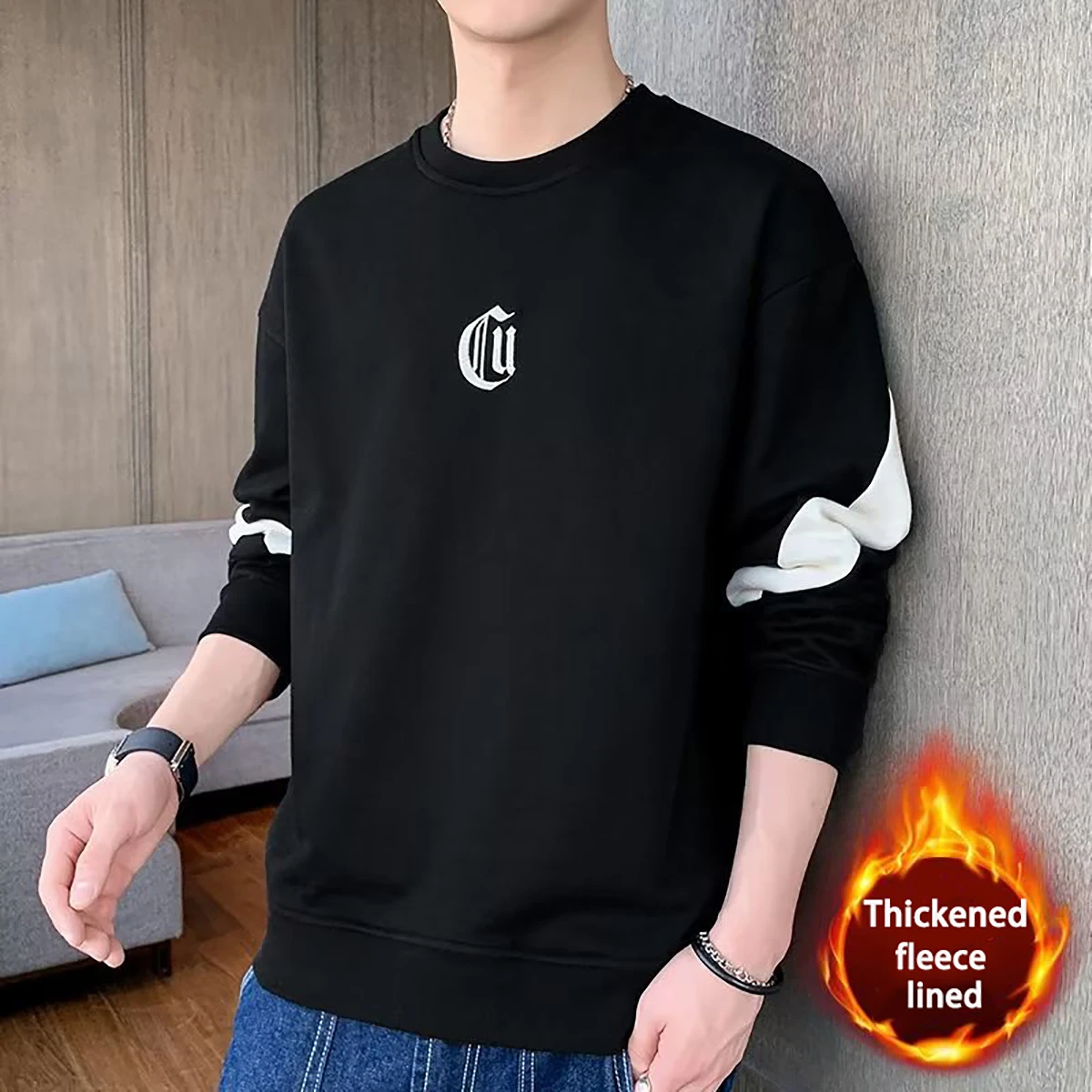 Men's Round Neck Long Sleeved Printed Pattern Top Youth Casual T-shirt Thick Warm Autumn Winter Couple Outfit