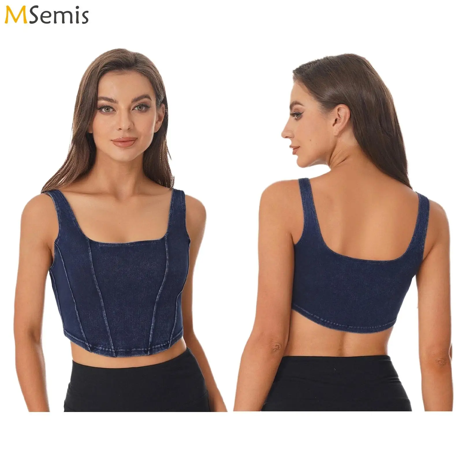 

Womens Corset Denim Sports Vest U Neck Sleeveless Curved Hem Crop Top Yoga Pilates Gym Fitness Running Chic Jean Tank Tops