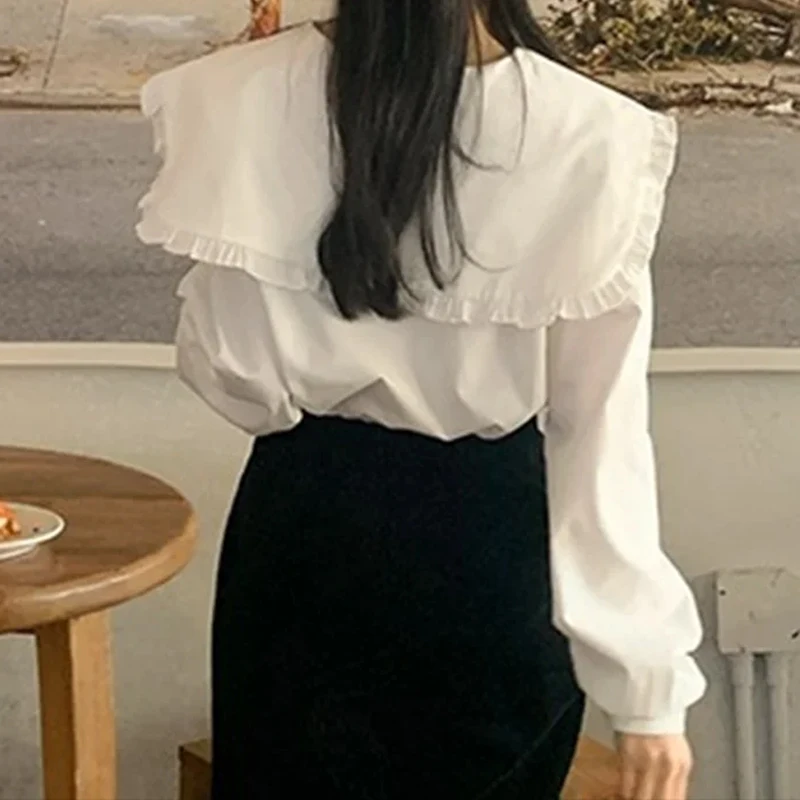 Elegant Woman White Cotton Shirt Long Sleeve Blouse Women 2024 Chic Turn-down Collar Vintage Female Femme Blusas Tops 14836