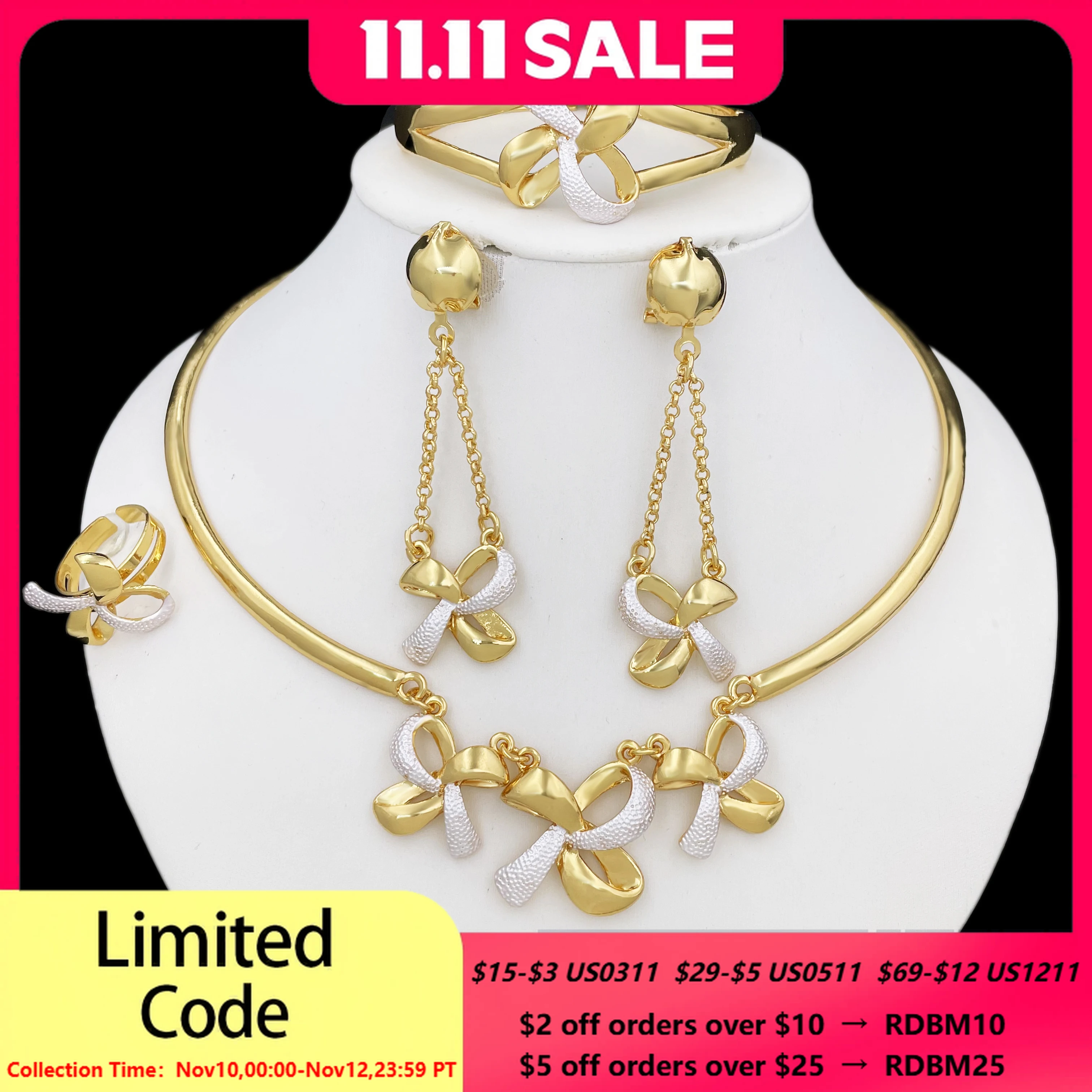 

New Women Jewelry Two Tone Classic Design Necklace Set Long Drop Earrings Bracelet And Ring Full Set Jewelry Party Trending
