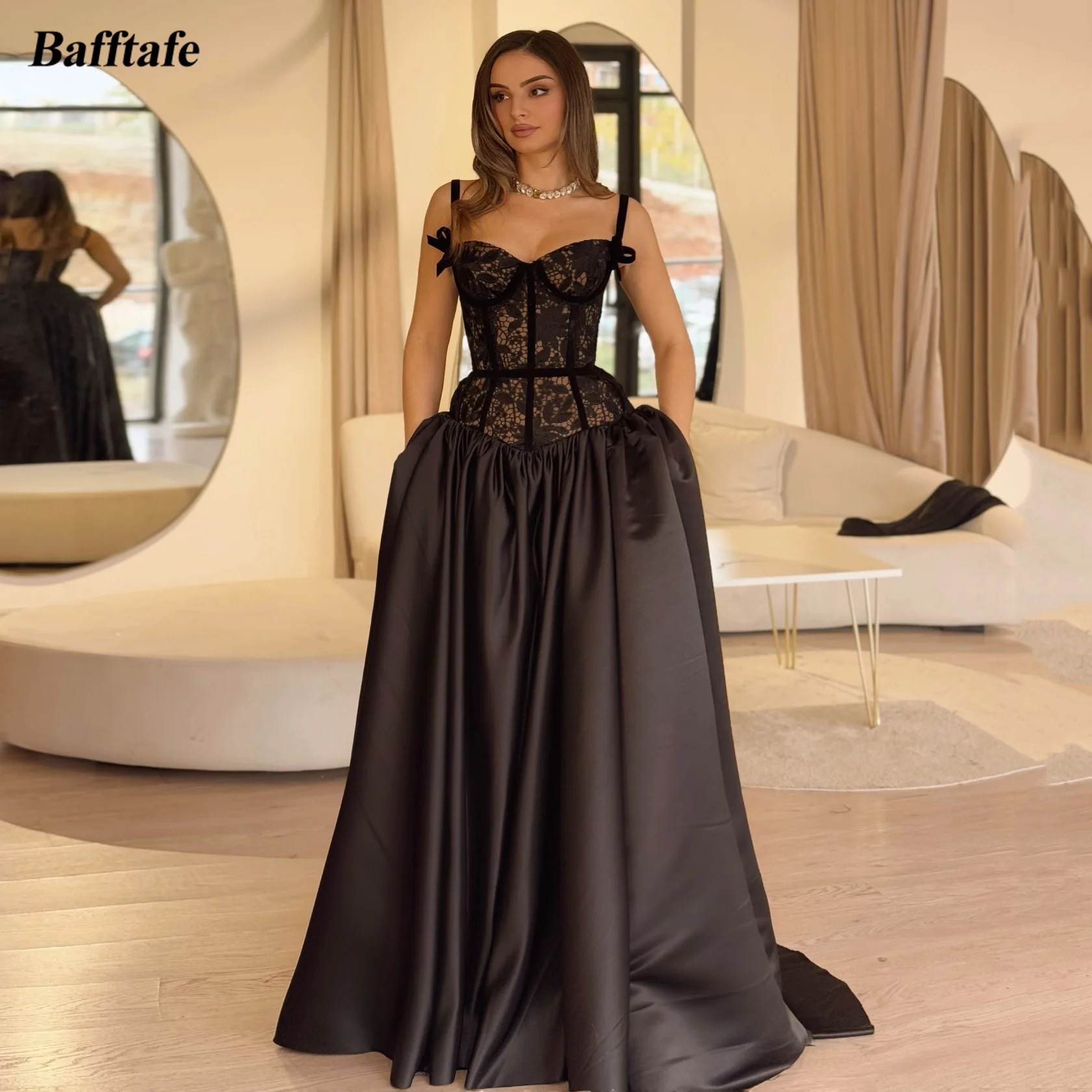 

Bafftafe черные атласные кружевные вечерние платья на бретелях по индивидуальному заказу, женские платья для выпускного вечера, арабское вечернее платье для особых случаев, платье знаменитостей