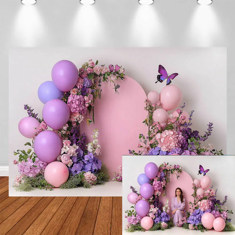 

LS Photography Background Purple Balloon Arch Butterfly Flower Decor Birthday Adult Kids Portrait Photo Backdrop Studio