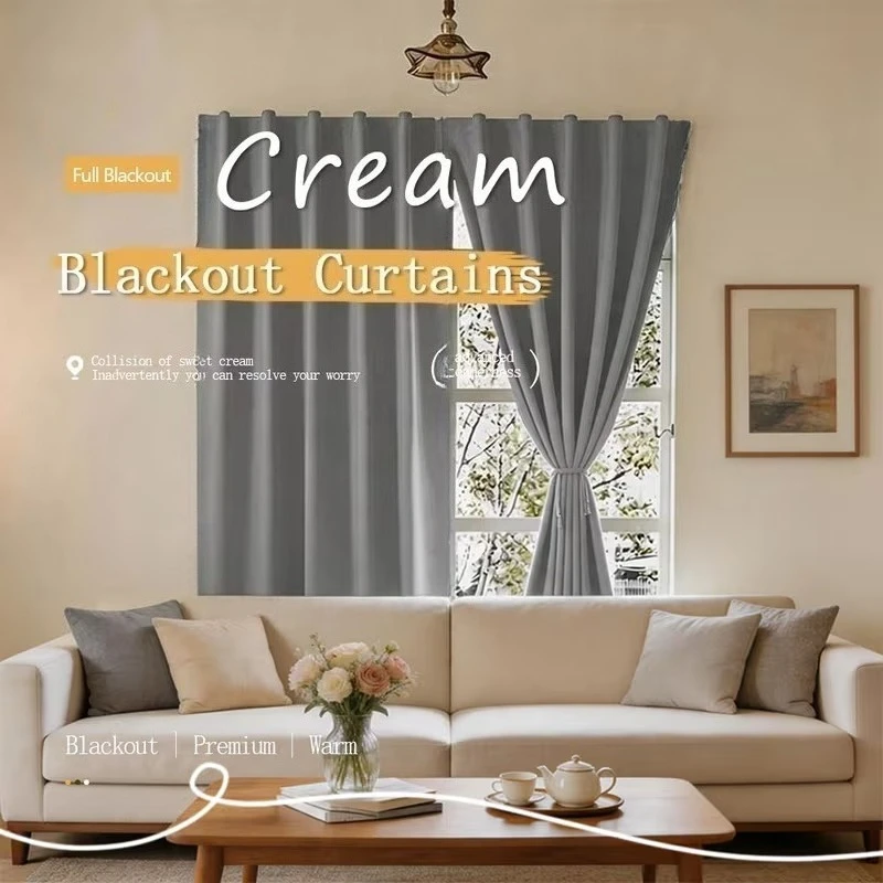 1pc Soft Hook lHeat Insulation Grey 100% Blackout Curtains for Living Dining Room Bedroom Thermal Lining Window Decor Fabric