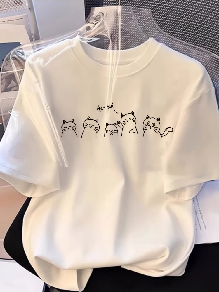 Women's Minimalist Cat-Face Print T-Shirt Soft, Everyday Casual Top Loose-Fit Crew Neck Short Sleeve Breathable Comfort Design