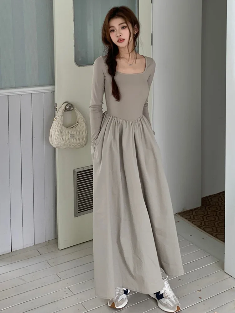 

Knitted Dress Women Spring and Autumn Elegant Long Sleeve Vintage Party Daily Square Neck Dresses Female Clothing Chic Simple