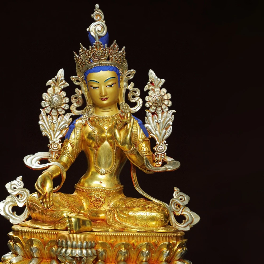 Green Tara Statue Pure Copper Gold Plated Hand-Painted Backlight Nepalese Vintage Collectible Home Altar Decor