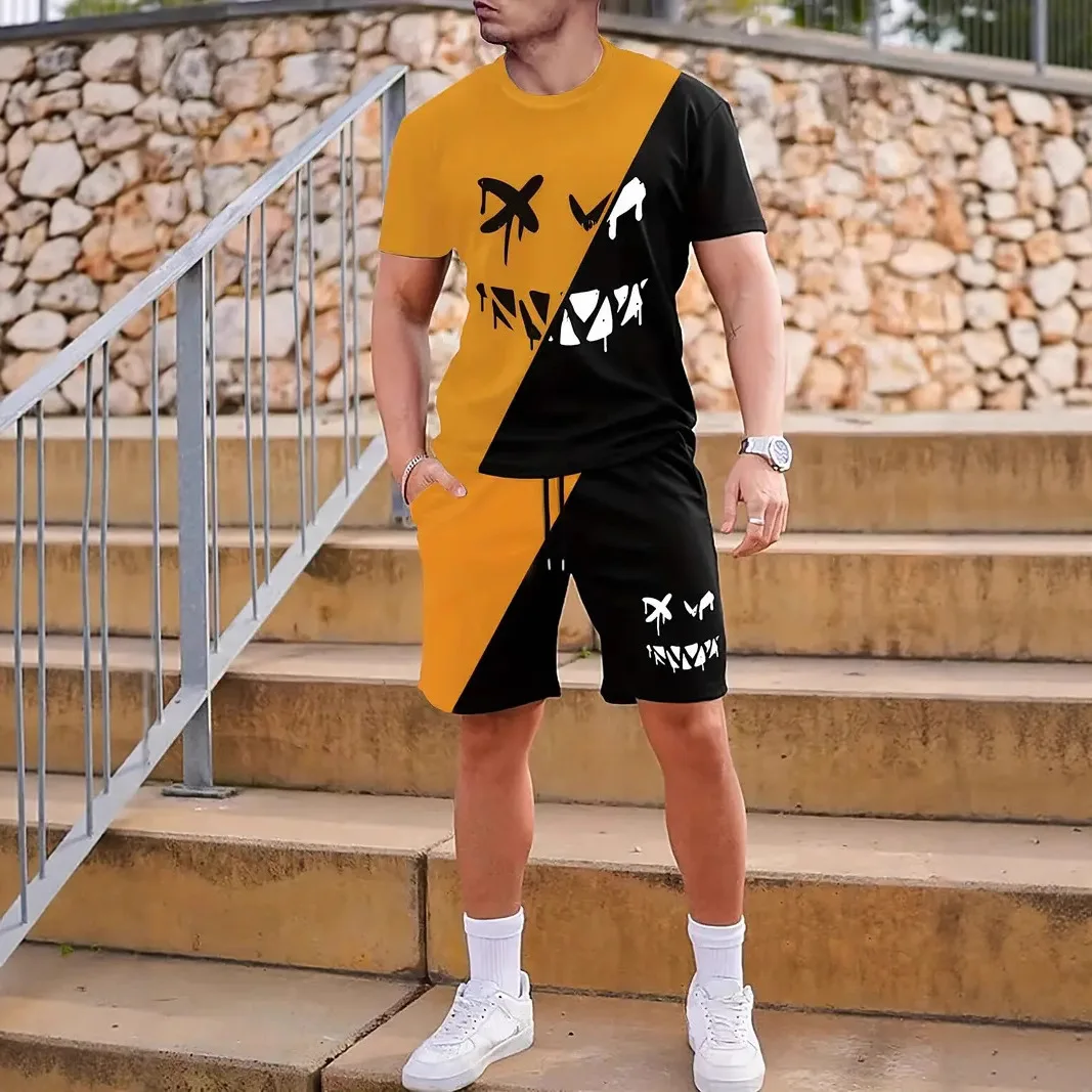 

2025 European Size Cross-Border Bestseller Mens Summer Casual Fashion 3D Printed Shorts Short Sleeve Sports Set