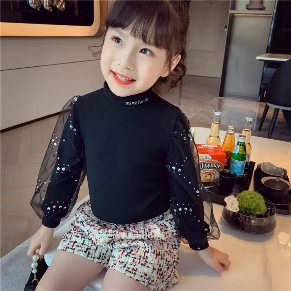 1-6T Girls Puff Sleeve Bottoming Shirt Girl Baby New Net Yarn Long-sleeved White T-shirt Autumn Clothes Outer Top