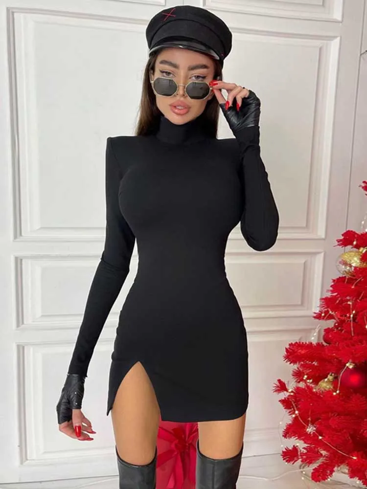 Women Spring Autumn Long Shell Bodycon Soil Color Black Thin Package Hips Mini Dress 2023 Women's Clothes Streetwear