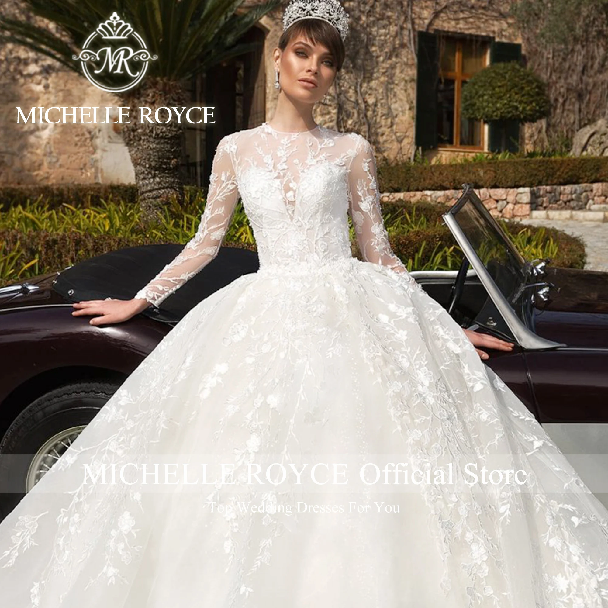 Michelle Royce Luxury Ball Gown Wedding Dresses For Women Sexy Exquisite O-Neck Appliques Illusion Cathedral Train Wedding Gown