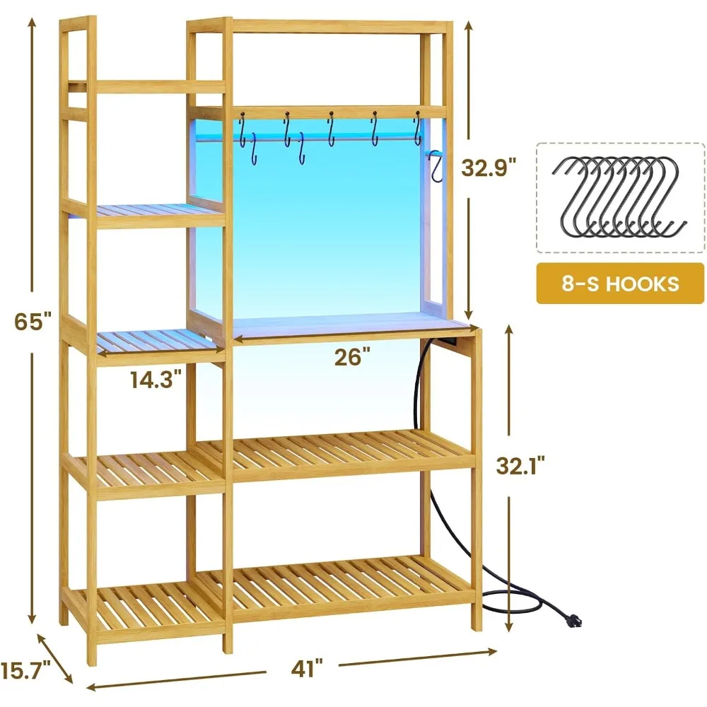 Bakers Rack with Power Outlet, Coffee Bar, 10-Tier Kitchen Shelves with 8 Hooks, Microwave Stand Kitchen Rack Freestanding Utili