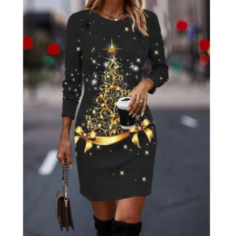 Women Christmas Party Dress 3D Funny Wine Christmas Element Printed Dress 2024 New Autumn Winter Long Sleeve O-neck Casual Dress