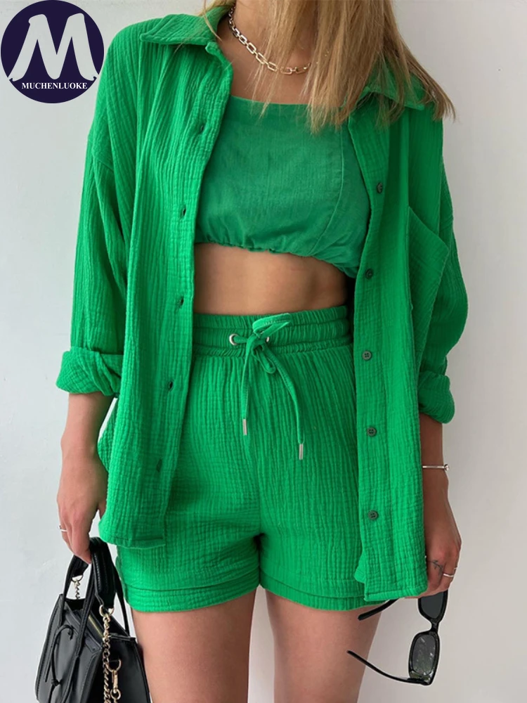 Women\'s Long Sleeve Lapel Shirt Tops and Shorts Set Loose High Waisted Drawstring Shorts, Casual Outfit Summer Fashion New 2 Pcs