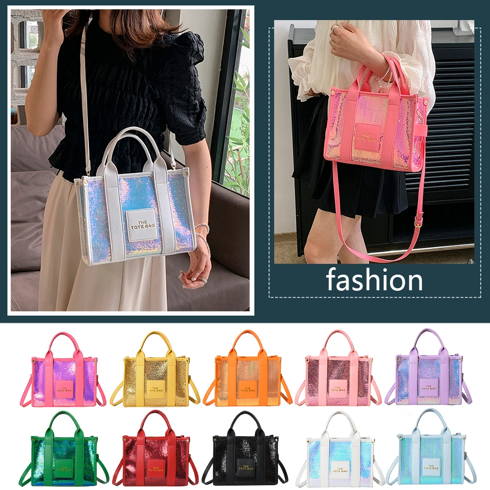 Ladies Handbags PU Leather Sequins Women Top-Handle Bags Casual Fashion Shiny Portable Adjustable Straps Messenger Bags