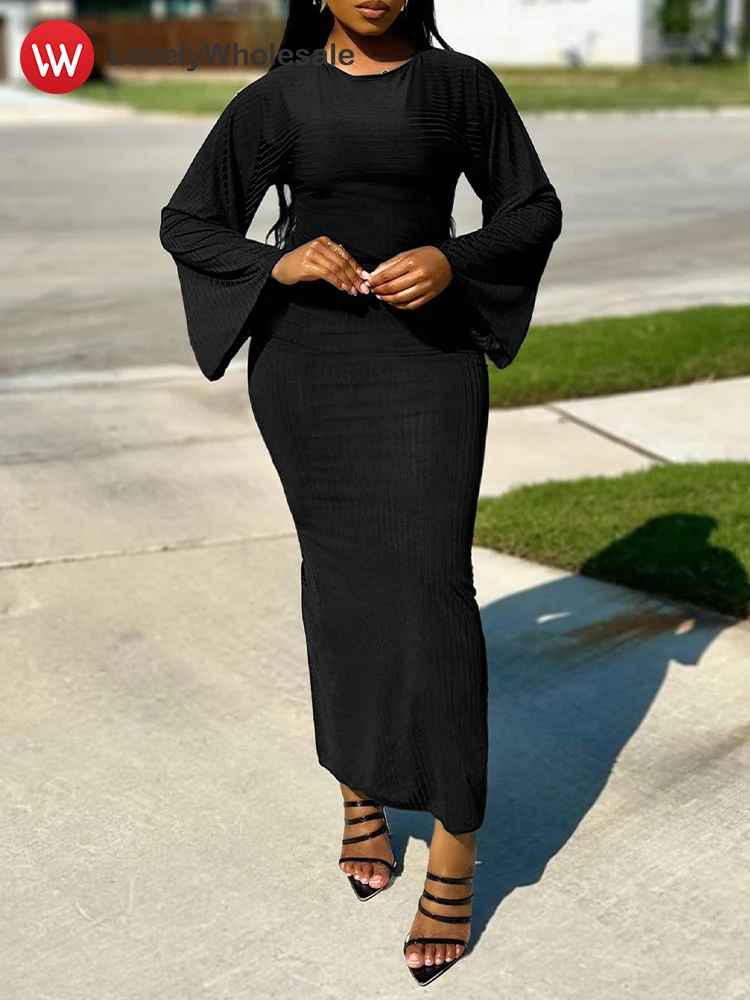 

LW Women's Elegant High Waist Maxi Dress 2024 Autumn New Sexy Black Bell Long Sleeve Slit Slim Fit Party Long Dresses 2024 Women