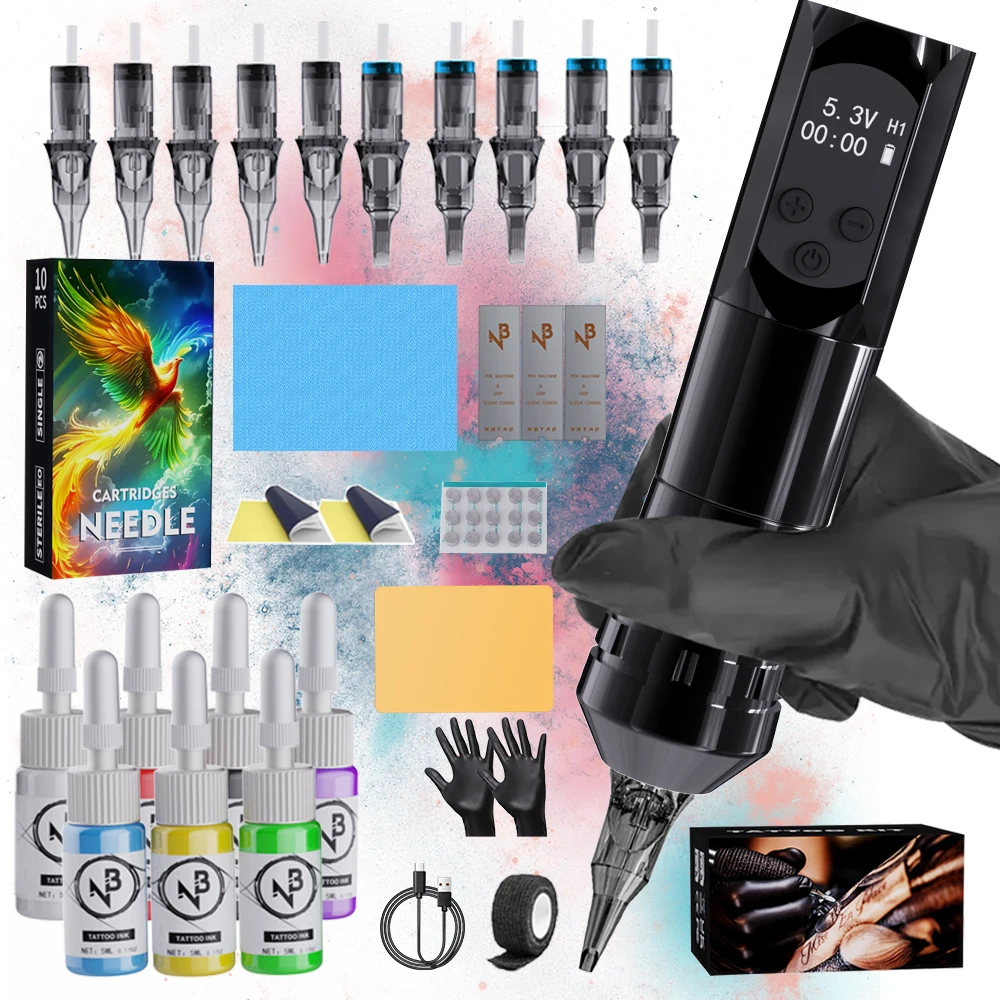 

Комплект машинки для татуировки, высококачественный беспроводной комплект тату-машины, встроенный источник питания большой емкости 2000 мАч и высококачественный японский бесщеточный двигатель, хорошо как пигменты, бумага для переноса и т. д., принадлежнос