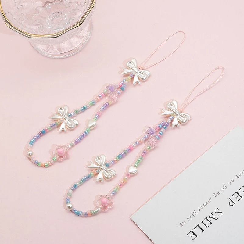 1Pcs Colored Baded Chain Bow Mobile Phone Chain Women Girls Beaded Telephone Lanyard For Anti-Loss Cellphone Jewelry