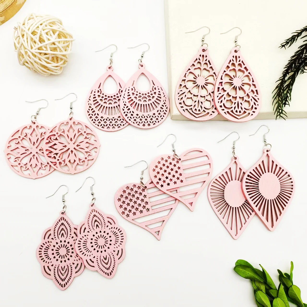 

6-Pair Cute Pink Wooden Earrings Set Simple Design Hollow out Autumn Winter Jewelry Accessories for Women Ideal
