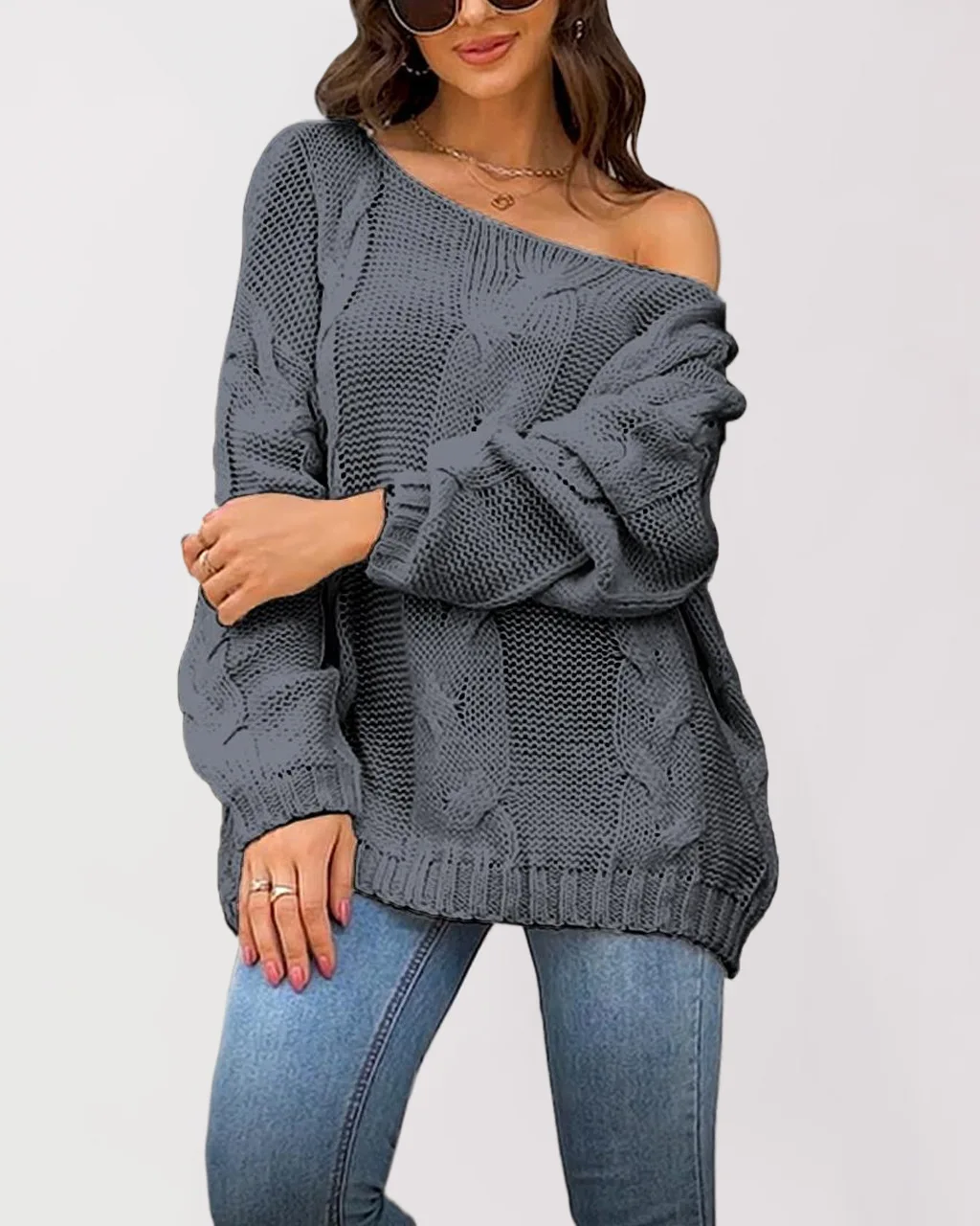 Women's New Solid Color Diagonal Neckline Off-the-shoulder Long-sleeve Loose Pullover Knit Sweater for Women Autumn and Winter