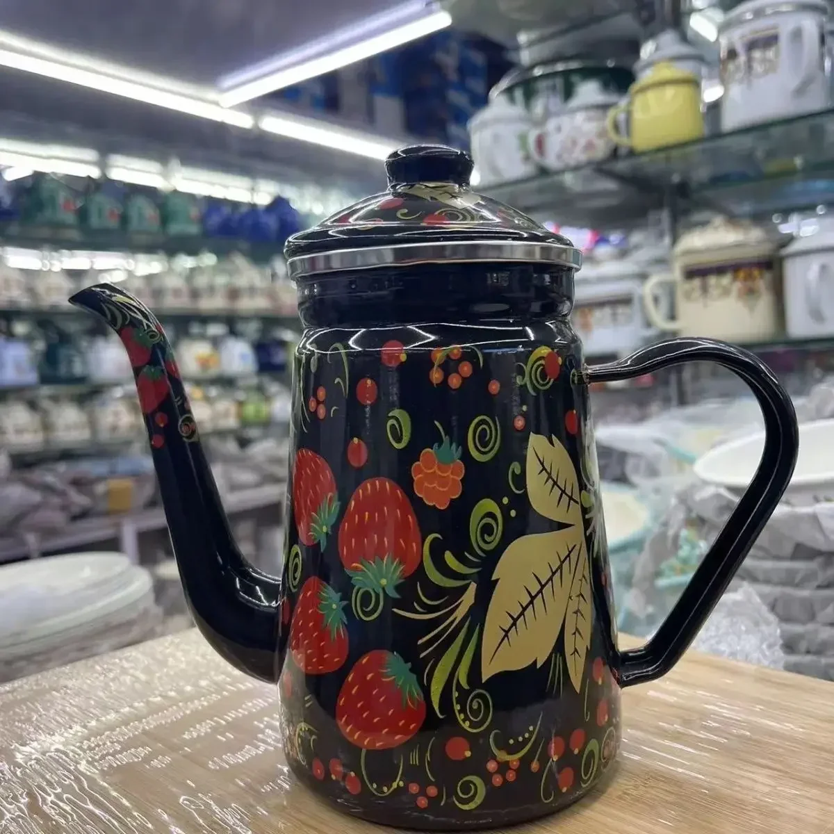 

Эмалированный кофейник 1,1 л, ручной чайник, индукционная плита, газовая плита, универсальный эмалированный винтажный чайник, чайник E7C6N4