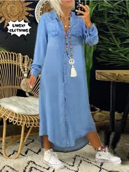 2024 Fashionable and Elegant Denim Long Dress New Poio Collar Single Breasted Denim Casual Retro Large Size Long Dress