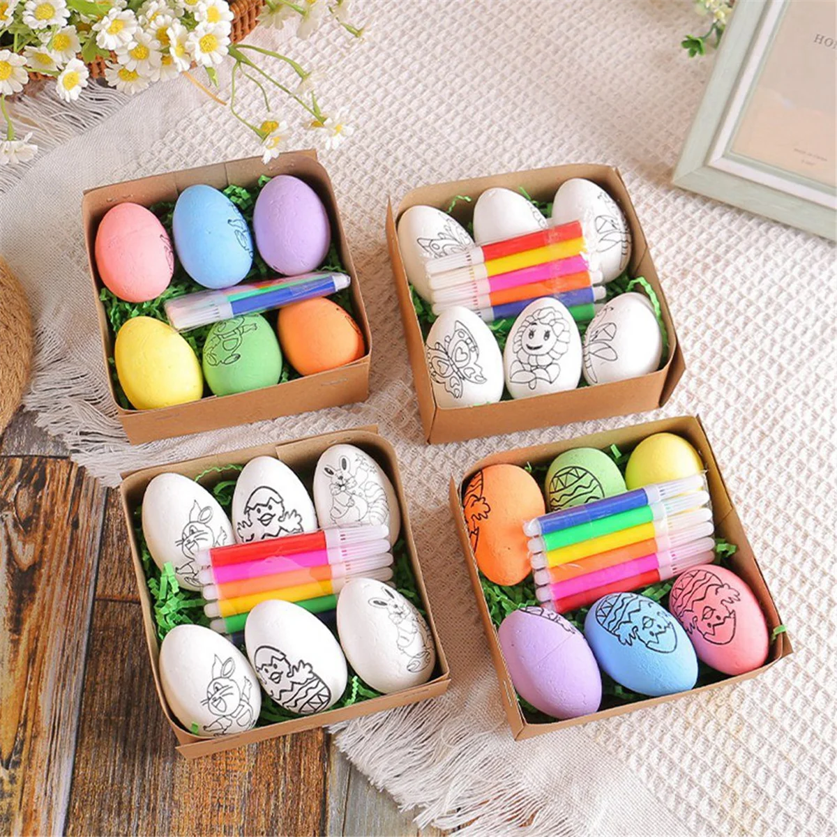 6 Pcs Easter DIY Hand-Painted Eggs 2024 Cartoon Eggs Children's Handmade Gift Easter Egg Painting Kit-A