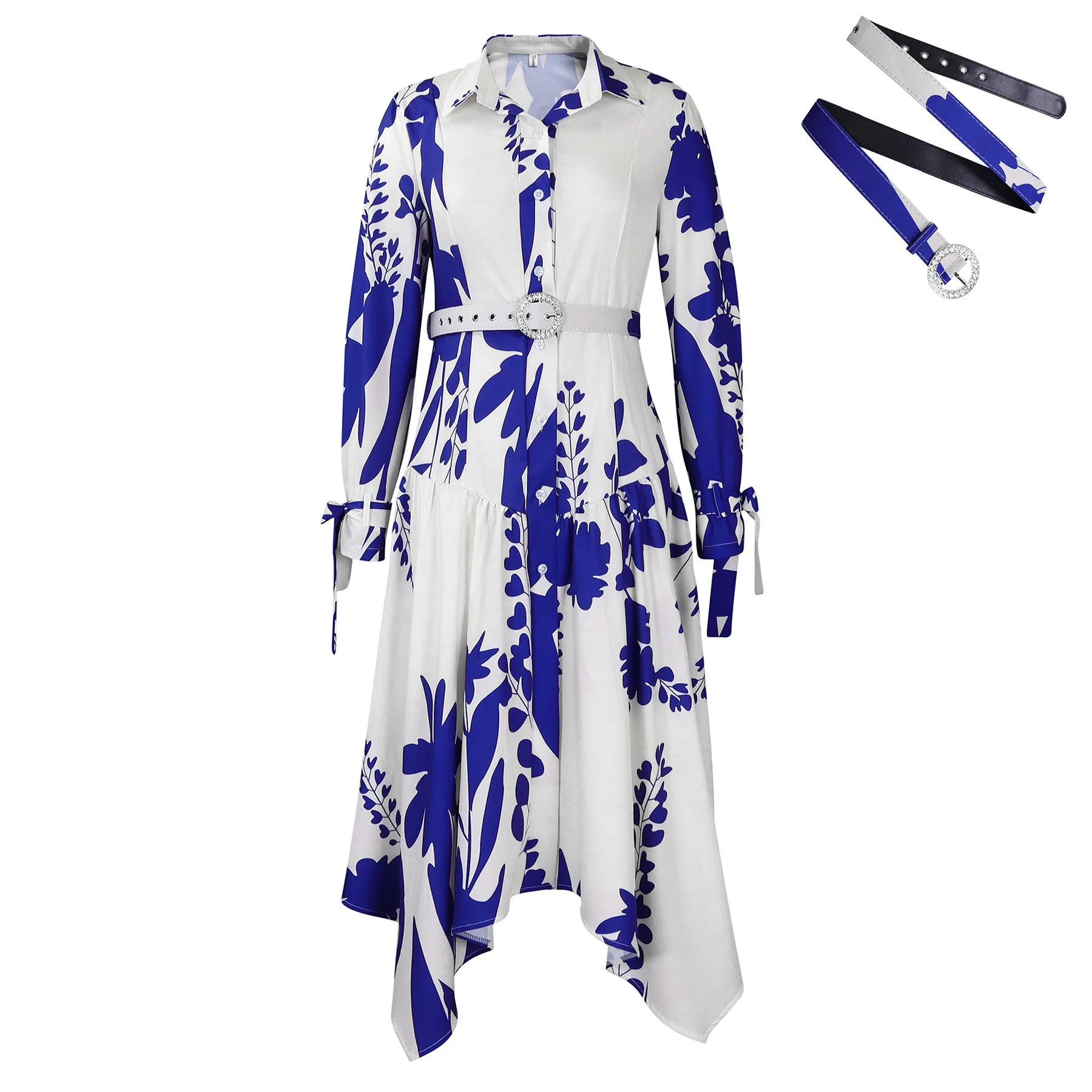 Large size Women's New Style Temperament Printed Irregular Flip Neck Dress Summer 2024